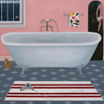 Interior painting of a bathroom with a large clawfoot bathtub. In front of the bathtub is a white and red stripped rug with a hair dryer lying on top of it. Next to the tub is a small orange cat. In the background is an open door, you can see a figure in the back holding a towel around their waist.
