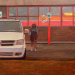 Painting of a Family Dollar store parking lot with two white vans parked in the lot and person holding balloons in their hand approaching one of the white vans
