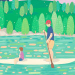 Danym Kwon - detail of "Listening to You", in the bowl was a forest and a lake, the father and son doing stand up paddle board.