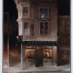 kim cogan - Painting of a white building at night with street light shines from left side of the painting