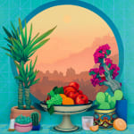 painting of brightly colored fruits and plants in front of a window in a turquoise room