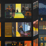 painting of an apartment building with views of several different apartments and their inhabiters