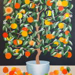 Painting of a rectangular orange tree in a white pot on a khaki surface and a black background by Stephen D'Onofrio.