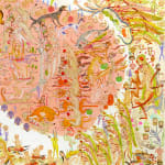 Detail shot of Mu Pan painting of animals and human hybrid creatures eating, fighting, sleeping, etc