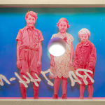 three children paitned in pink over a blue background