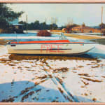 Painting of a small white and red boat with "FREE" spray painted in red on the side. The boat is in the snow of the side of the road, a house and a few trees are in the distance