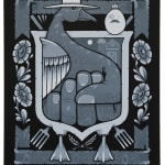 Gray-scale painting of a crest like composition depicting a goose with a sunhat whose body resembles a clenched fist, flowers, a barn, forks, and an mustached egg wearing a monocle and crown by artist Jeremy Fish