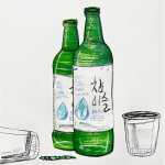 drawing of two green soju bottle with two cups