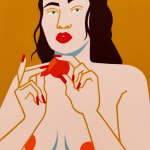 Painting of woman eating a clementine topless on a mustard yellow background by Jillian Evelyn