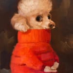 A painting of a seated white dog wearing a red sweater.