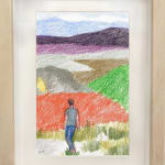 framed drawing - sketch of the back of a man standing facing series of mountains in different colors