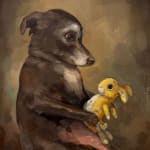dog holding a stuffed bunny