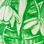 detail of Grace Tobin painting in tones of green. Vase with flowers