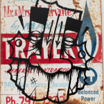 GATS character painted in black on a white metal sign that is rusting with red and blue writing on it