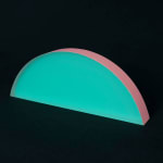 Rachel Strum - epoxy neon sculpture of horizontal strip of a round panel top edge - Turkish green and pink.