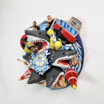sculpture of a multiple shark heads, humans, and boats coming out towards the viewer