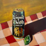 Painting of a Liquid Death can and a lime on a table with a checkered red and pink table clothe
