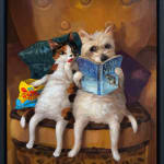 A painting of a dog and a cat sitting on a large brown chair reading a book.