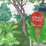 sketch of a stop sign surrounded by green trees and plants
