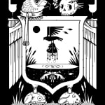 Black and white illustration of a crest like composition depicting a hawk, a skull, mouse, a frog, and silhouette of the hawk carrying off the frog and mouse by artist Jeremy Fish