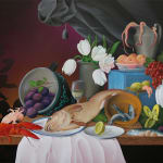 Casey Gray - Spray Painting of a table of seafood, fruit, and flowers in front of red and black background.