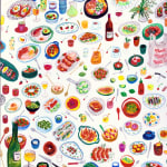 Detail Maggie Cowles "Picky Eater" color pencil on paper featuring a variety of plates and foods in multiple colors