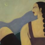 Detail of Hilda Palafox painting - woman sitting facing crescent moon with braided hair