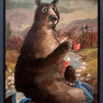 A painting of a brown bear sitting next to a river holding a red cup.