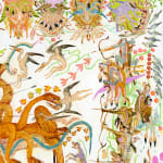 Detail shot of Mu Pan painting of animals and human hybrid creatures eating, fighting, sleeping, etc