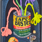 Nic Dyer mixed media painting of Cafe Bustelo container, puffy flowers inside. Moths and fruit scattered below can