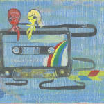 A painting by Kelly Tunstall of two characters sitting on top of a cassette player. The characters are red and yellow.