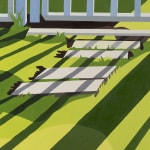 detail of Natalia Juncadella painting of white fence and grass with shadows cast over it