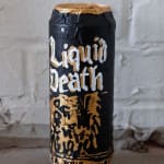 Soft sculpture of a Liquid Death can