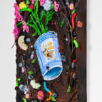 Three dimensional painting with mixed media of a blue togo coffee cup with pink flowers in it on a textured dirt ground with plastic toys surrounding it including an apple slice, bugs, worm and a flower barrette
