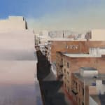 Kim Cogan painting of cityscape from rooftop, blue sky in background