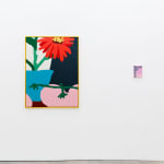 Installation image of Red Lampranthus and A Bunch Of Pink Tomatoes next to Cherub Rock at Hashimoto Contemporary Los Angeles
