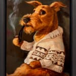 dog wearing a sweater smoking a grandfather pipe