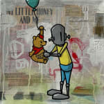 grey robot with yellow shirt and blue pants holding Winnie the Pooh with a balloon