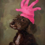 A painting of a brown dog wearing a pink glove on its head.