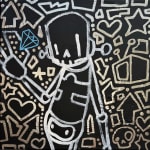 silver outlined robot surrounded by other outlined graphic item designs