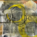 black outlined robot with yellow spray paint marks