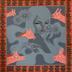 Painting of a woman painted in gray tones with several pink giraffe like animal heads surrounding here