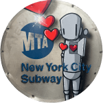 silver robot with multiple red hearts coming out of chest against an MTA New York City Subway train badge