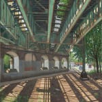 Painting by Valeri Larko of an elevated train platform