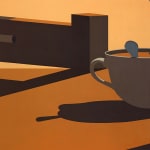 Right canvas, titled Coffee, of the diptych Morning. There is an orange slice, a cup of coffee with a spoon in it, a pour over coffee filter and the head of a chair.
