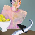 Painting of a woman holding a swordfish on a table with a black hand and a white bowl full of lemons