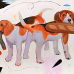 Matthew Kam - an acrylic painting of two dogs standing side by side, one holding a stick in its mouth and the other one has bread