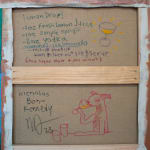 Photo of the back of the canvas with a handwritten recipe for Lemon Drops by the artist