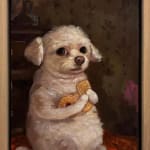 A painting of a white dog holding biscuits and cookies.