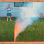 Painting of a firework going off on the grass in front of a trailer with a man in a stripped tank top and blue shorts and his hands on his waist in the background